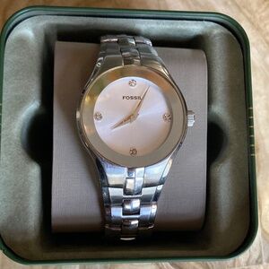 ⌚ Fossil Unisex Stainless Steel Watch – Mother-of-Pearl Dial – New Battery – Box